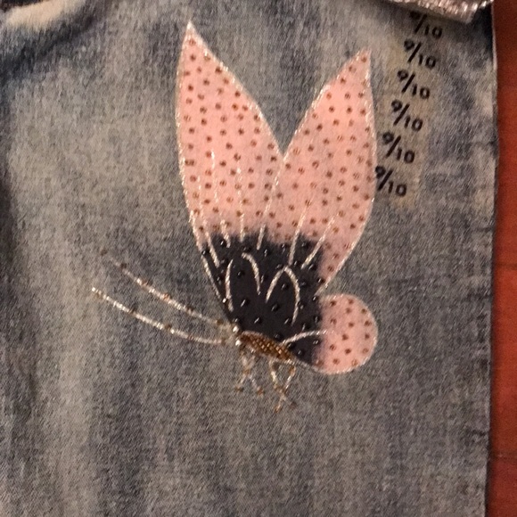 New flare leg denim jeans w/ belt painted & beaded with flowers and butterfly - Picture 6 of 13
